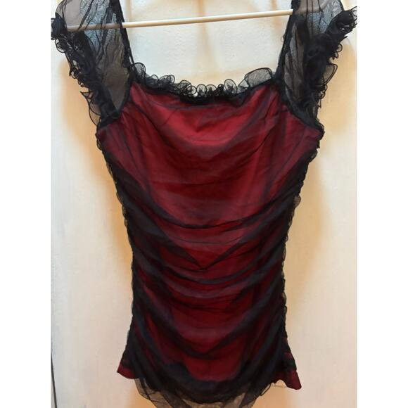 Boston Proper Black and Red Blouse with lace ruffles on the neckline and sleeve - Picture 3 of 5